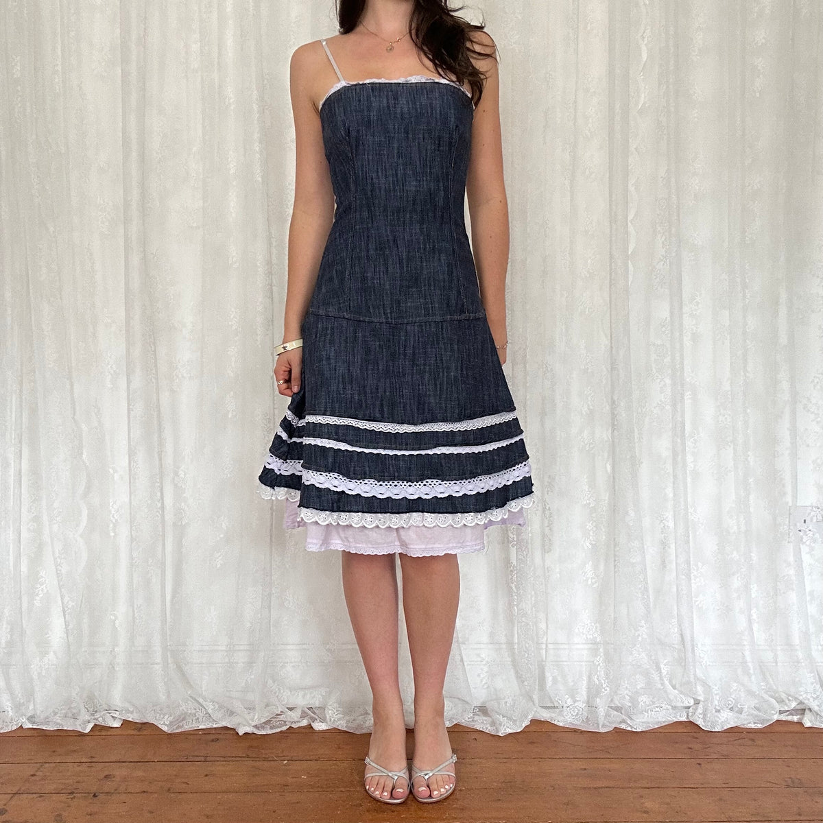 vintage 00s denim midi dress with broderie trim