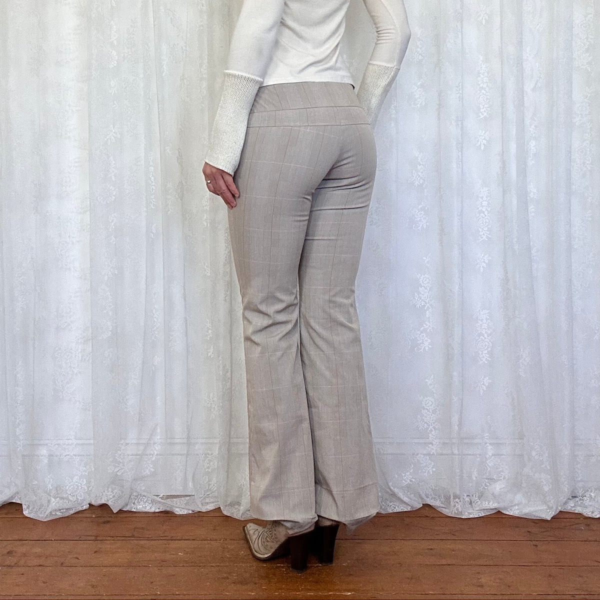 vintage 00s beige checkered low rise suit trousers