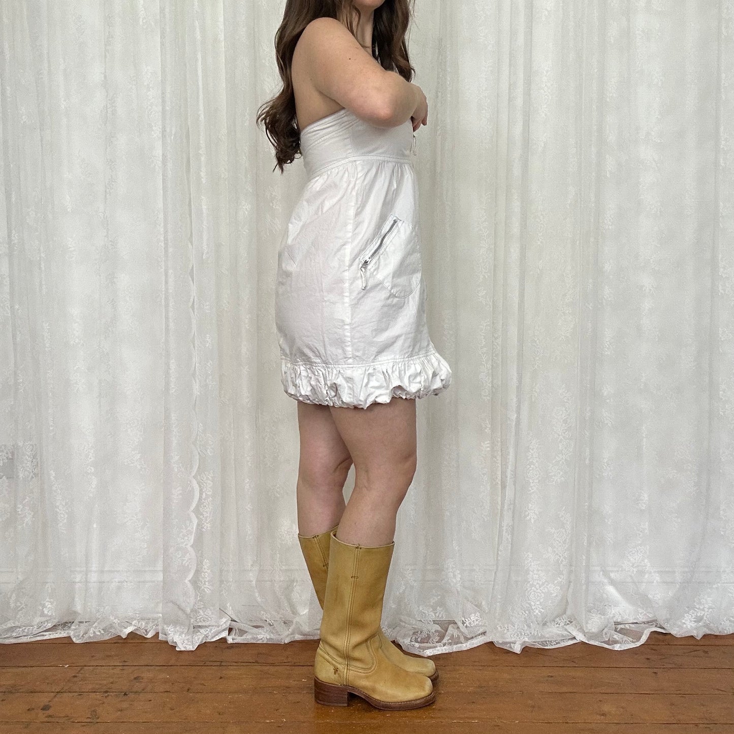 vintage 00s white zip front cargo mini dress