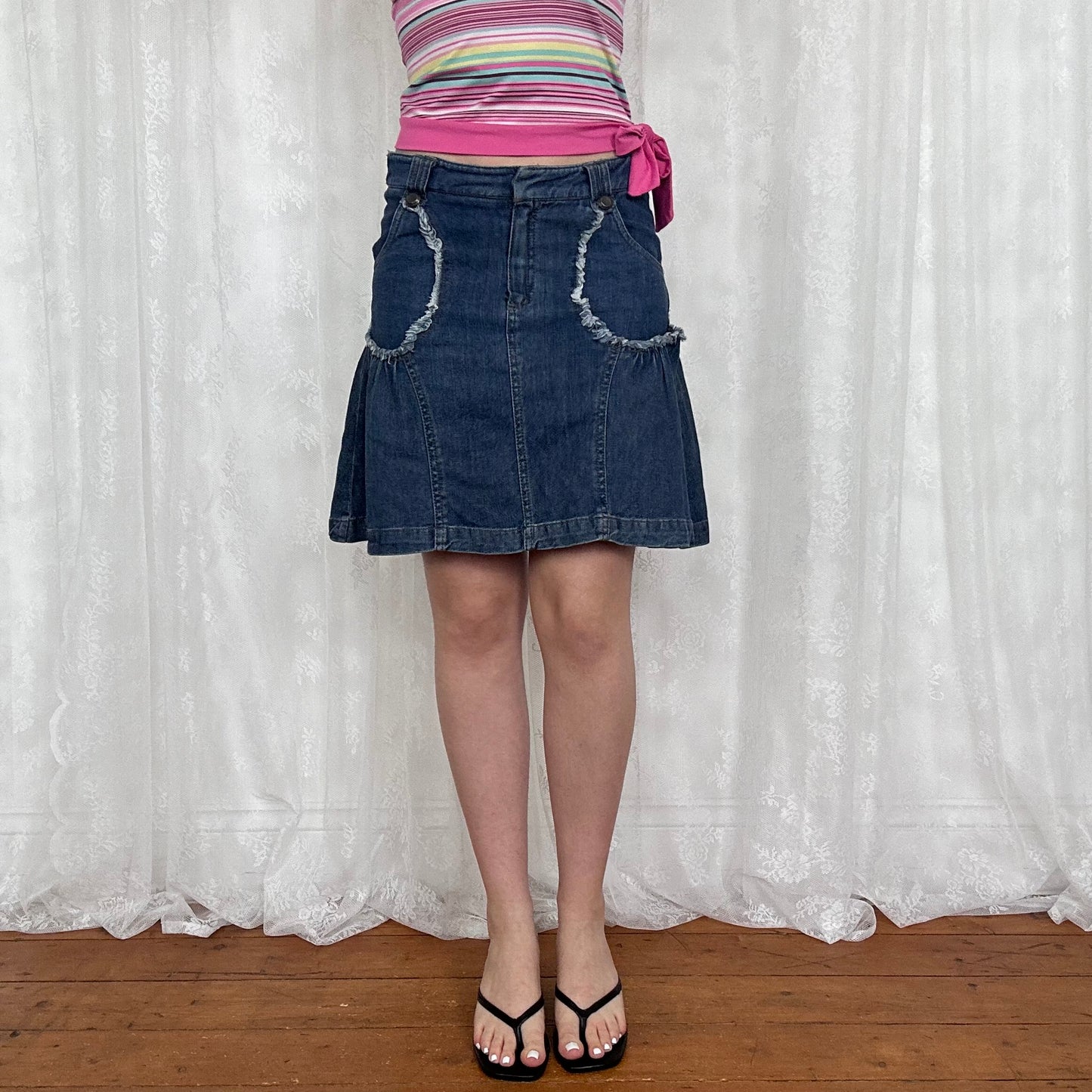 vintage 00s dark wash pleated denim midi skirt