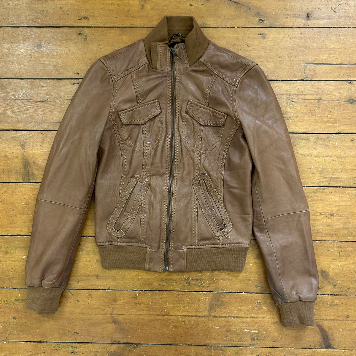 vintage 00s tan fitted leather jacket