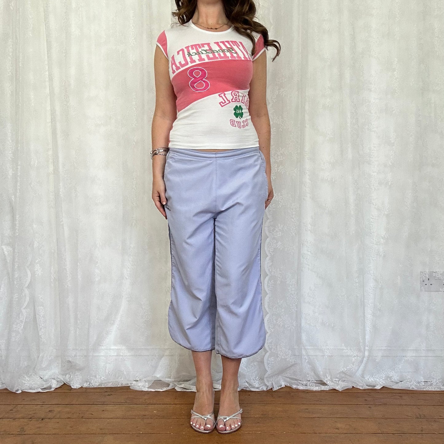 vintage 00s pink and white sporty graphic top