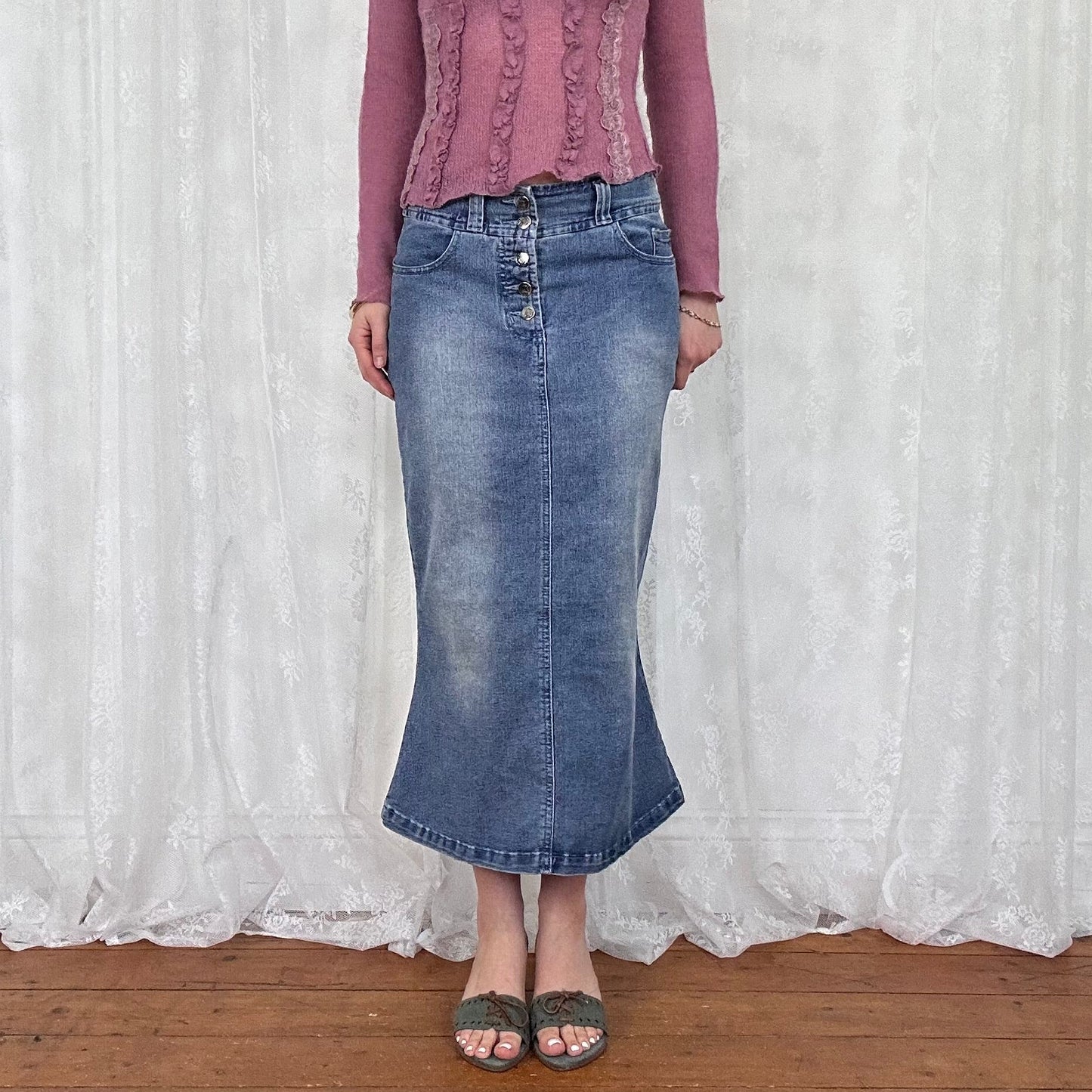 vintage 00s mid wash denim fishtail skirt