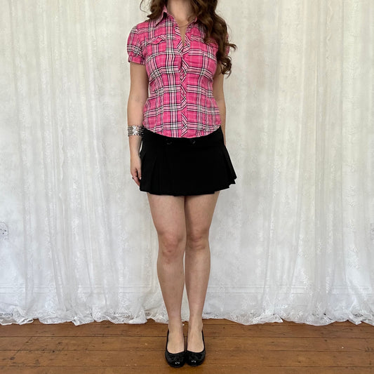 vintage 00s pink and black checkered short sleeve shirt