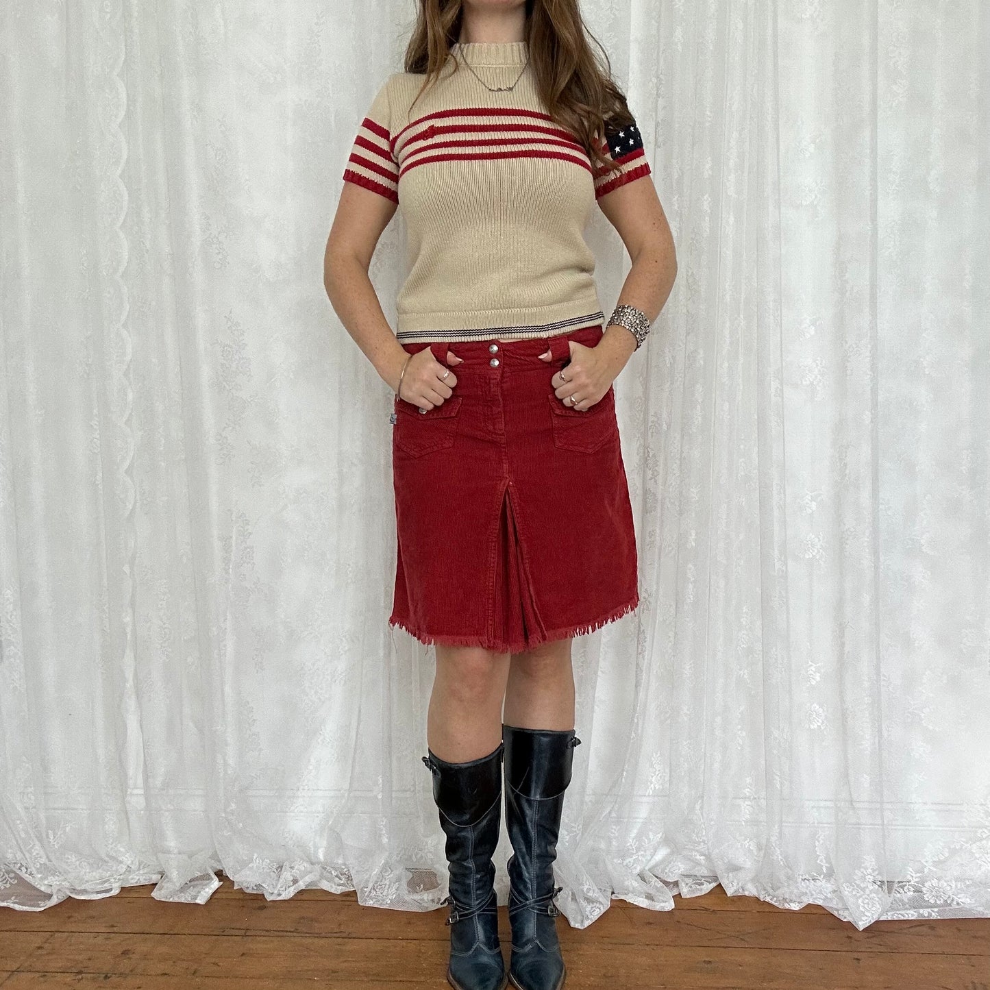 vintage 00s lulu castagnette short sleeve flag jumper