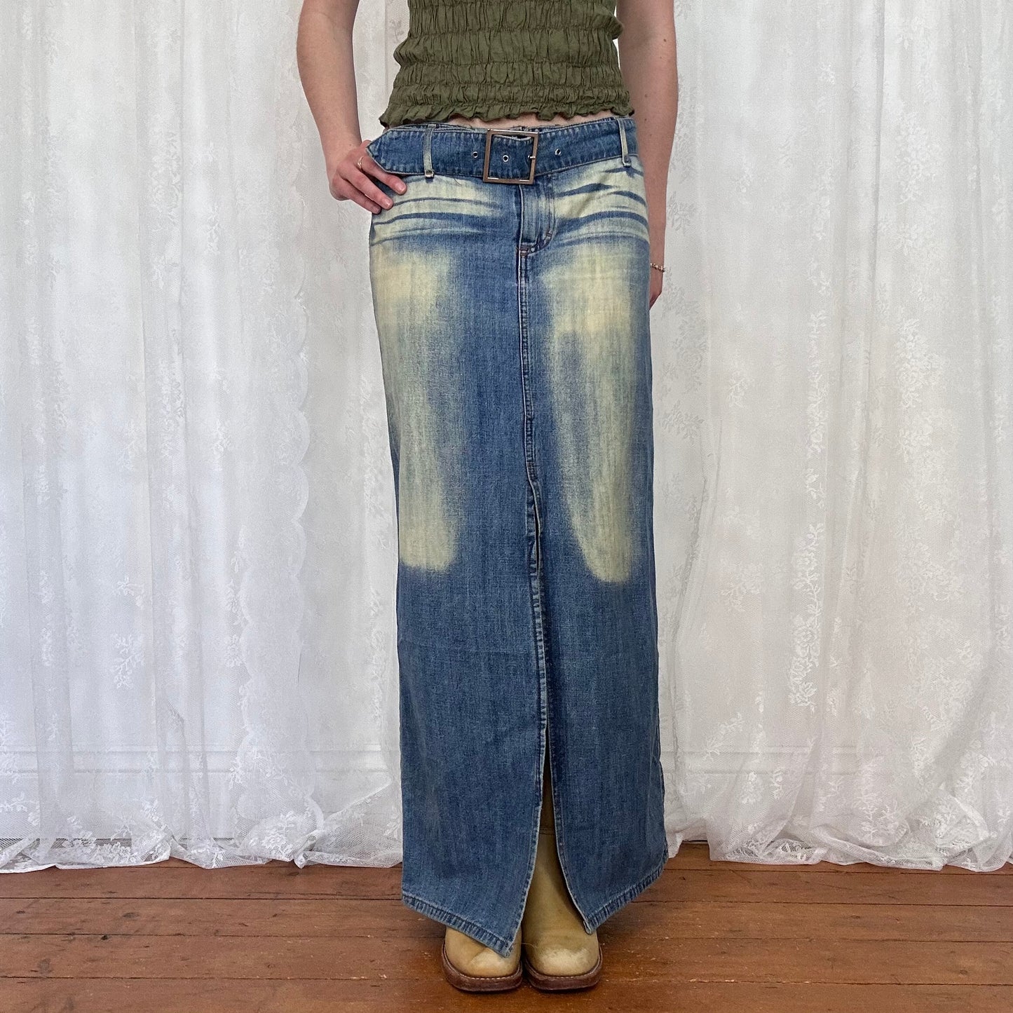 vintage 00s bleached split denim maxi skirt
