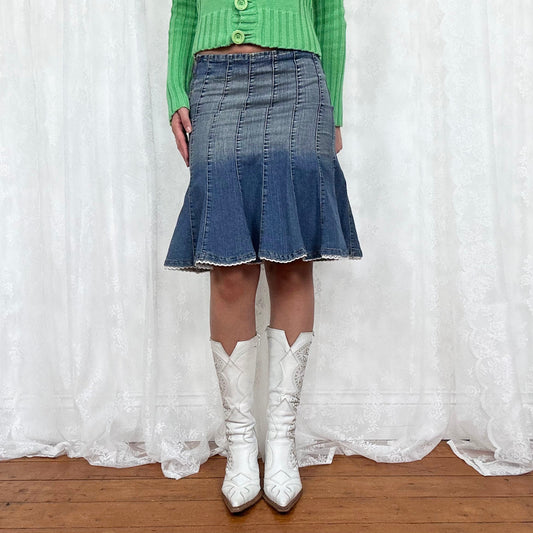 vintage 00s denim panel midi skirt with broderie trim