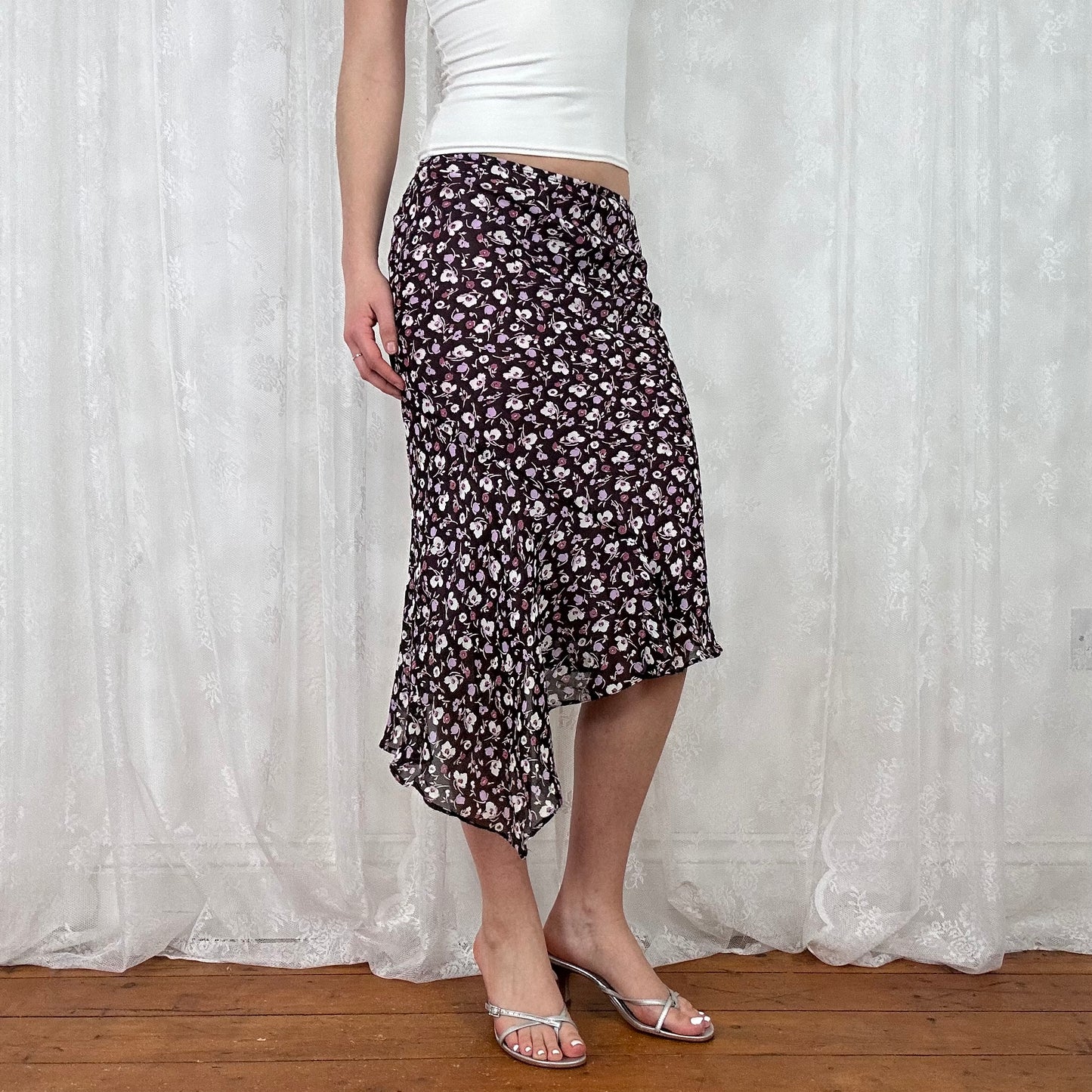 vintage 00s purple floral asymmetrical midi skirt