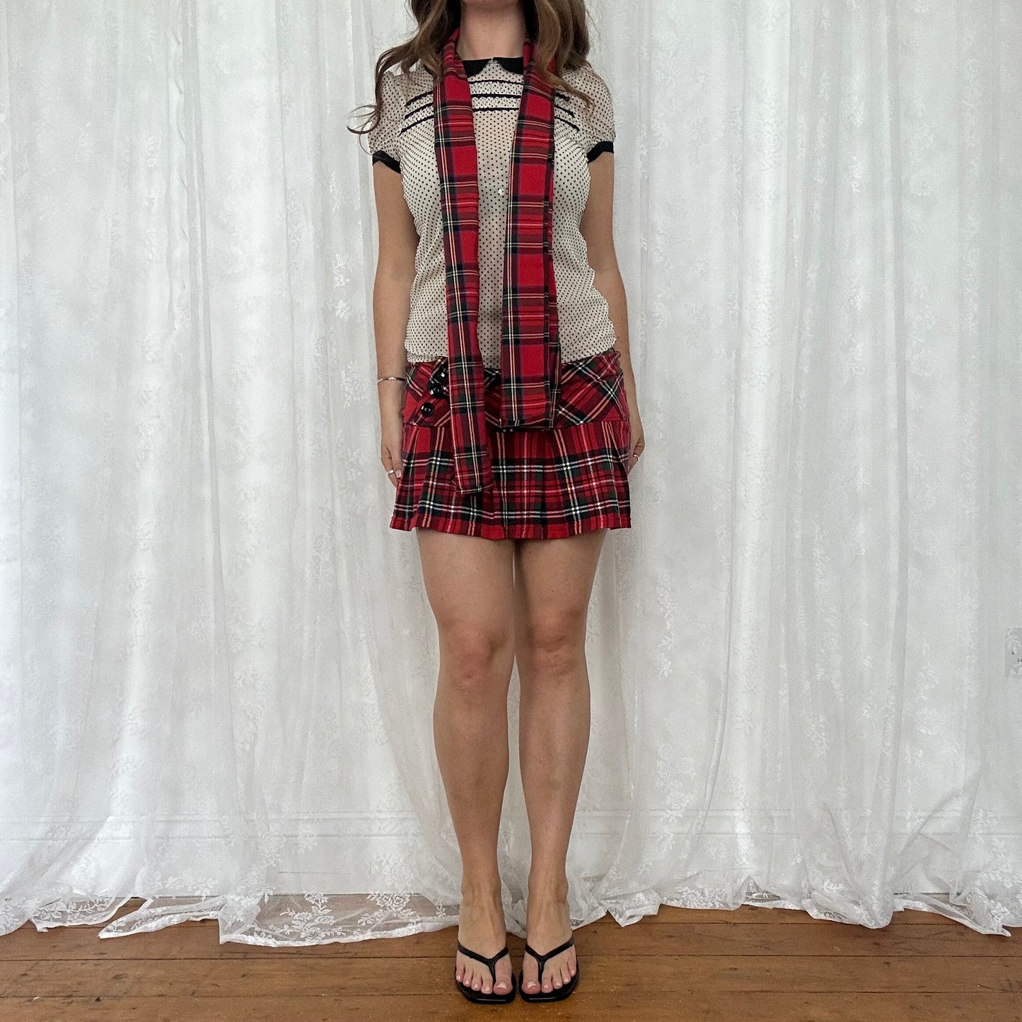 vintage 00s red tartan pleated mini skirt with matching scarf