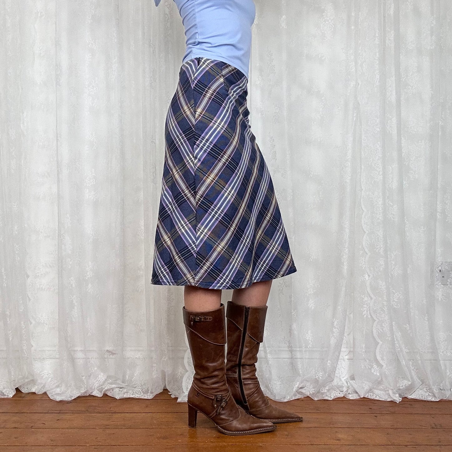 vintage 00s purple checkered midi skirt