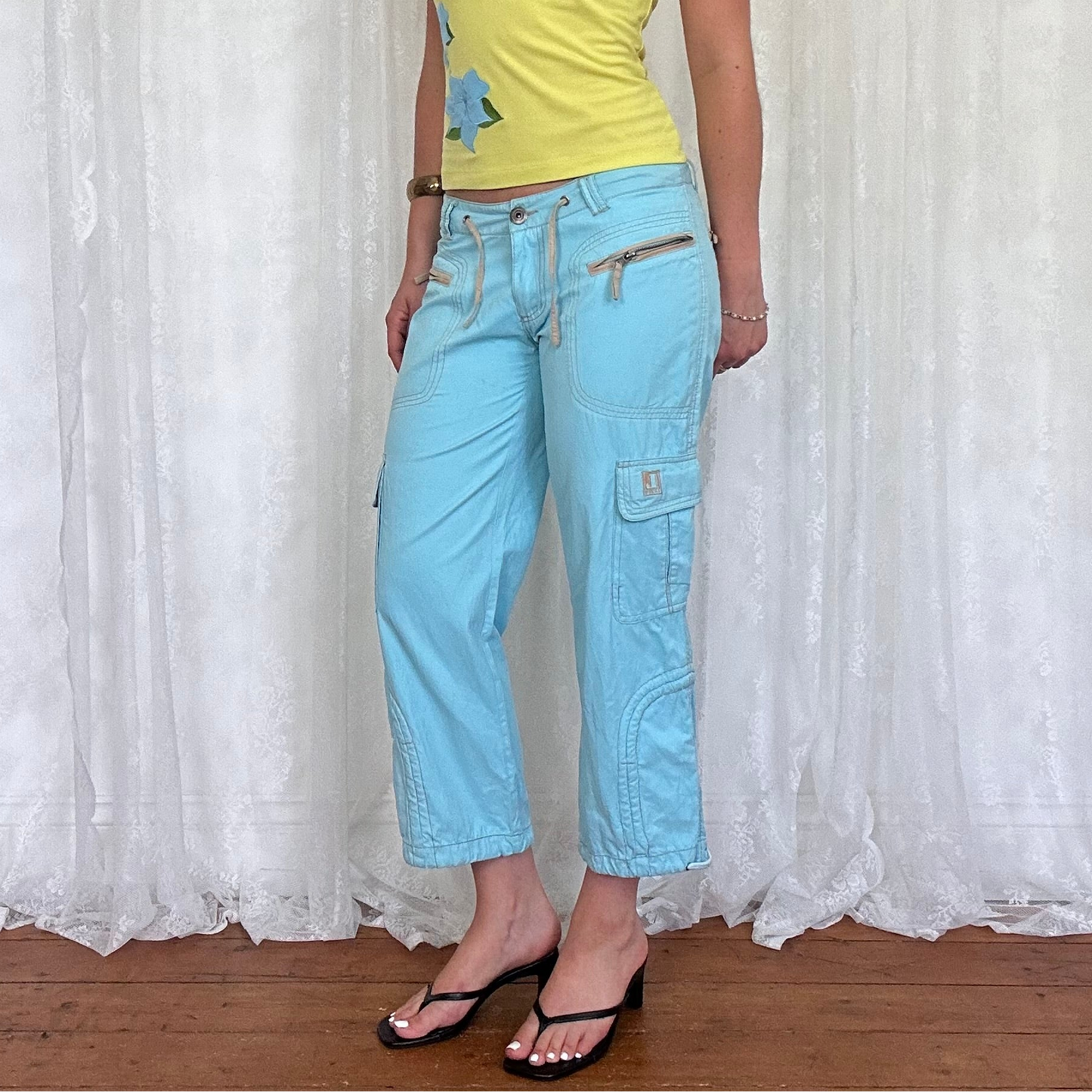 vintage 00s teal blue cropped cargo capris