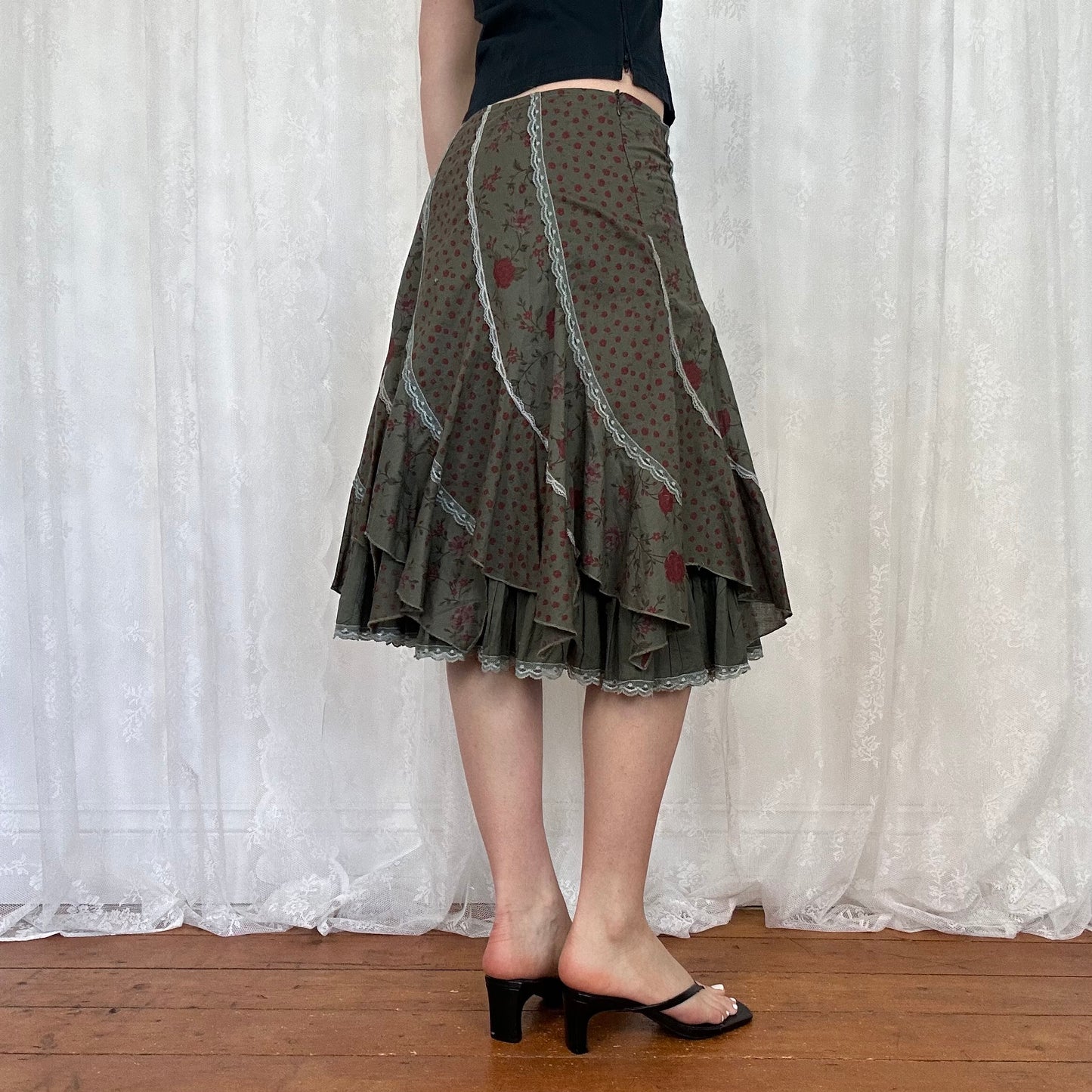 vintage 00s khaki floral midi skirt