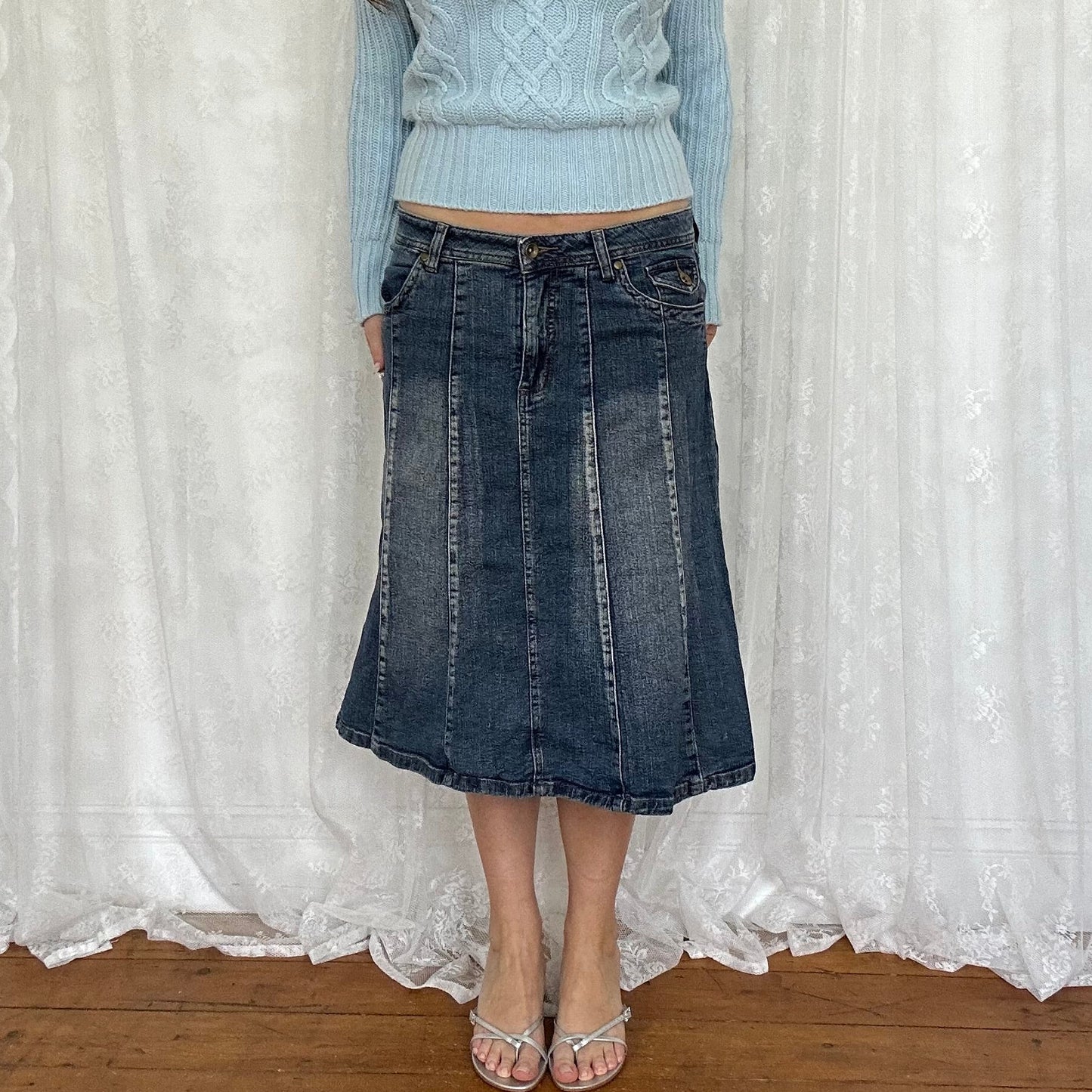 vintage 00s mid wash denim midi skirt