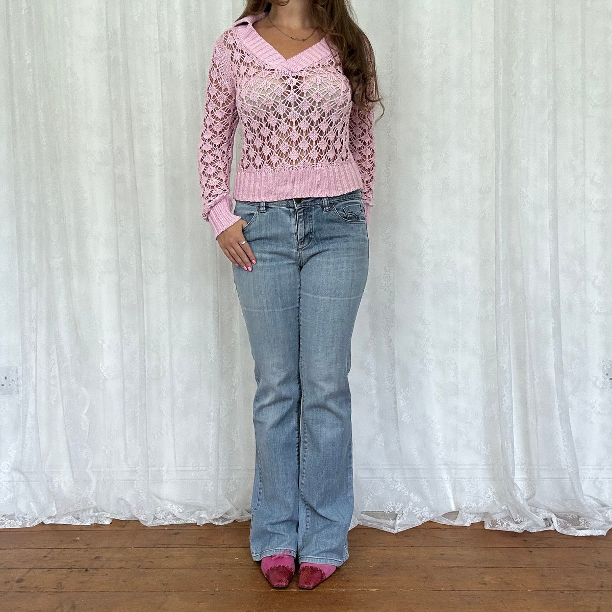 vintage 00s baby pink crochet long sleeve jumper