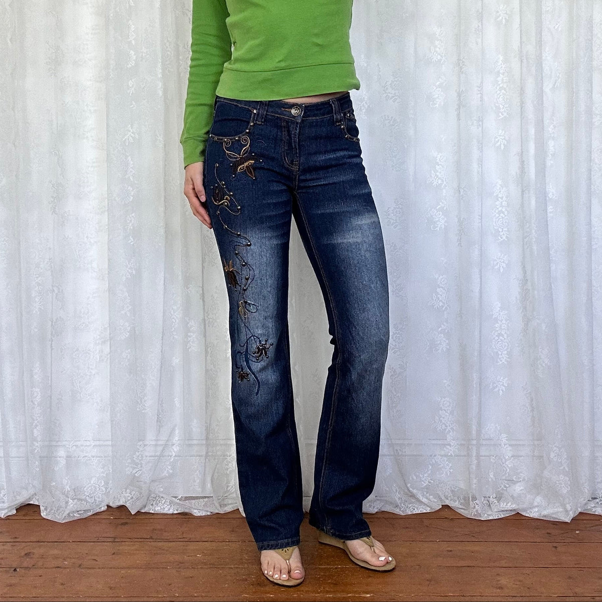 vintage 00s dark wash straight leg jeans with studs and embroidery