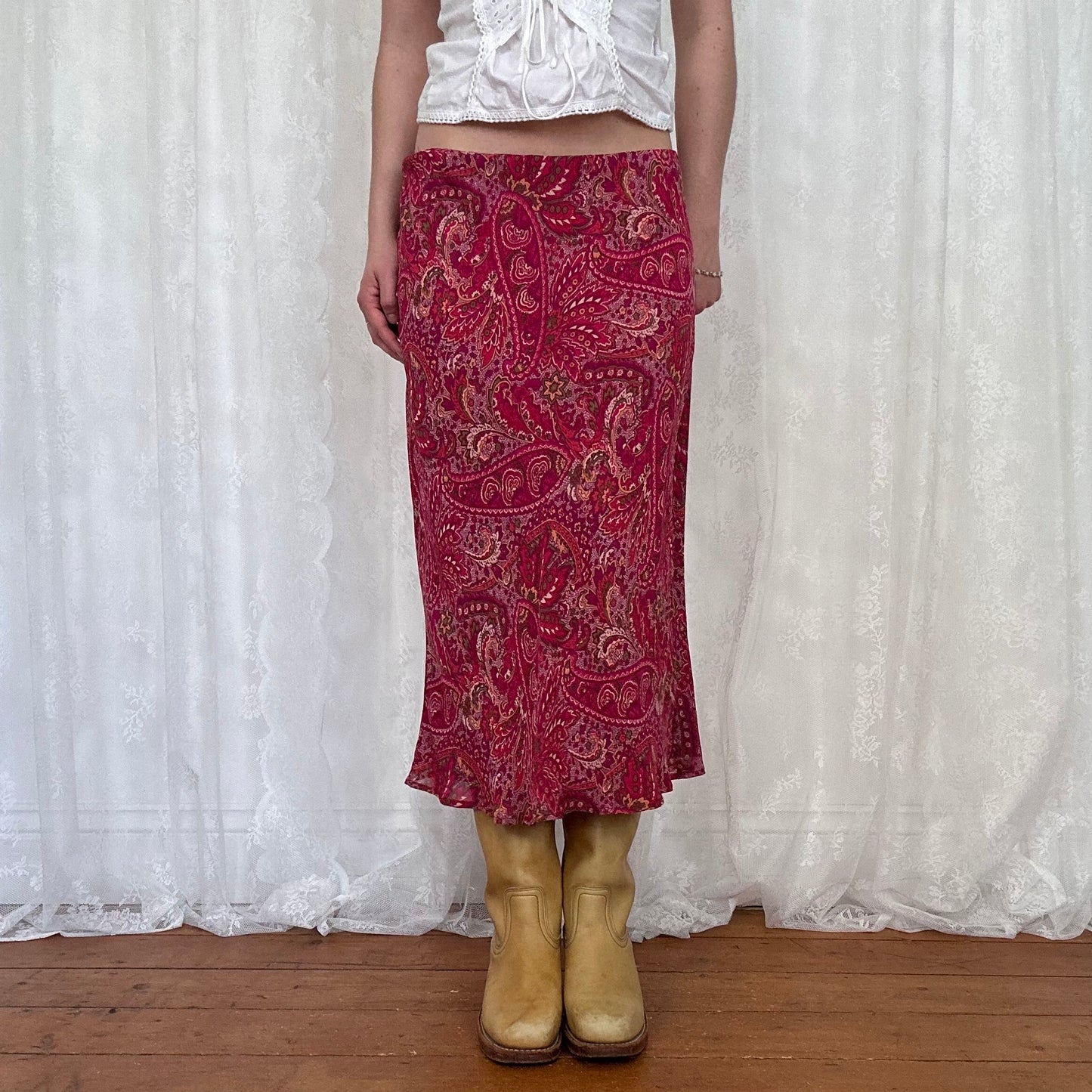 vintage 00s pink paisley print midi skirt