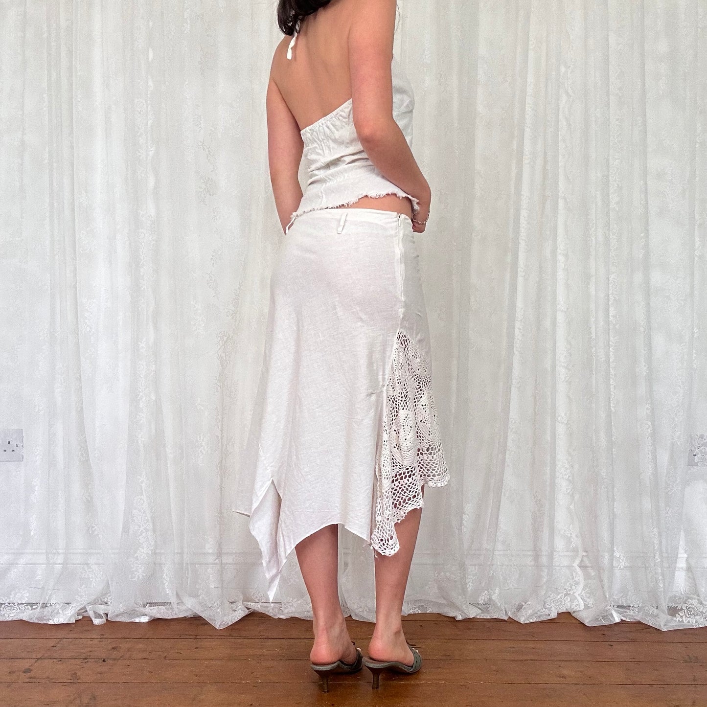 vintage 00s white crochet detail halter top and asymmetrical midi skirt co ord