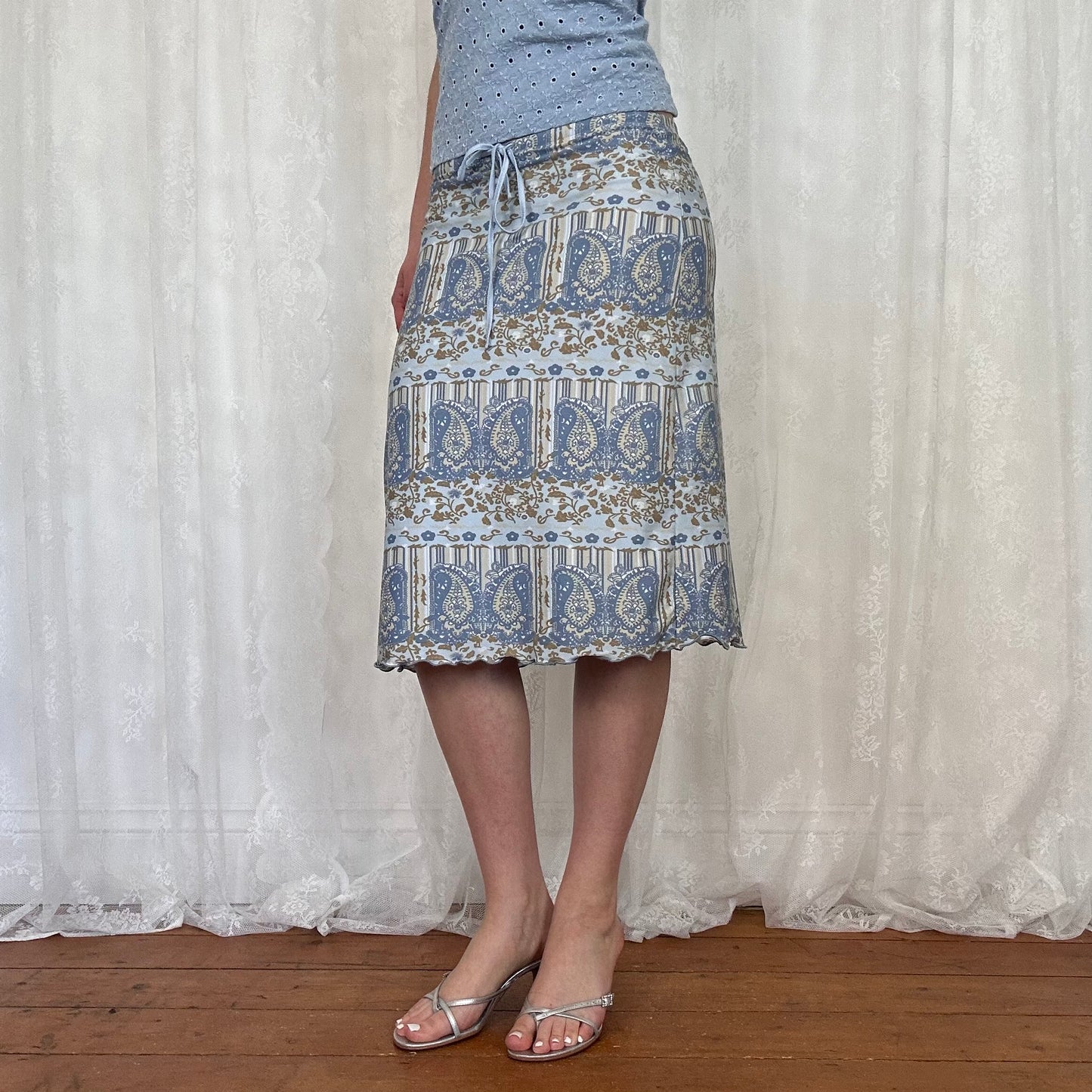 vintage 00s blue and brown paisley midi skirt