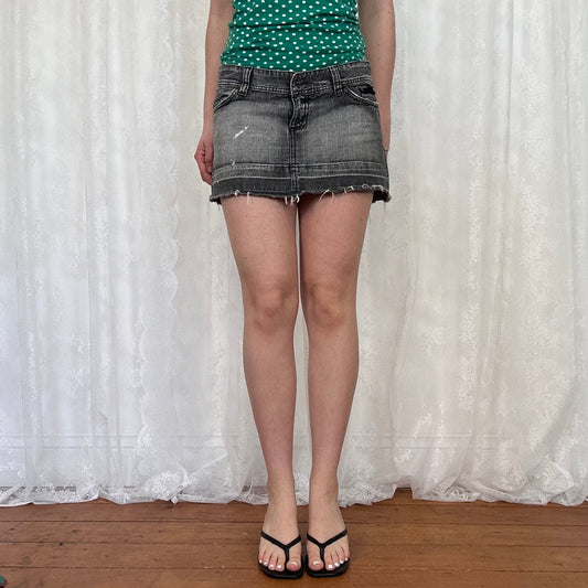 vintage 00s washed grey denim distressed mini skirt