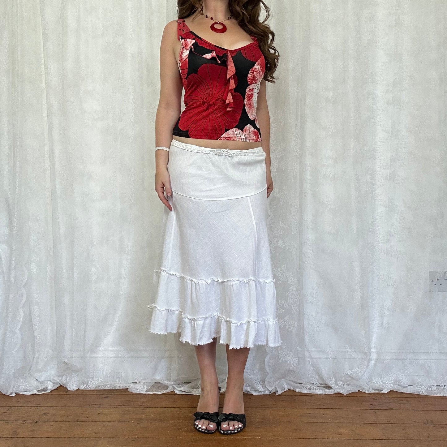vintage 00s white tiered midi skirt