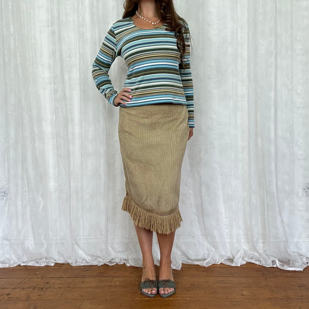 vintage 00s brown and blue striped long sleeve top