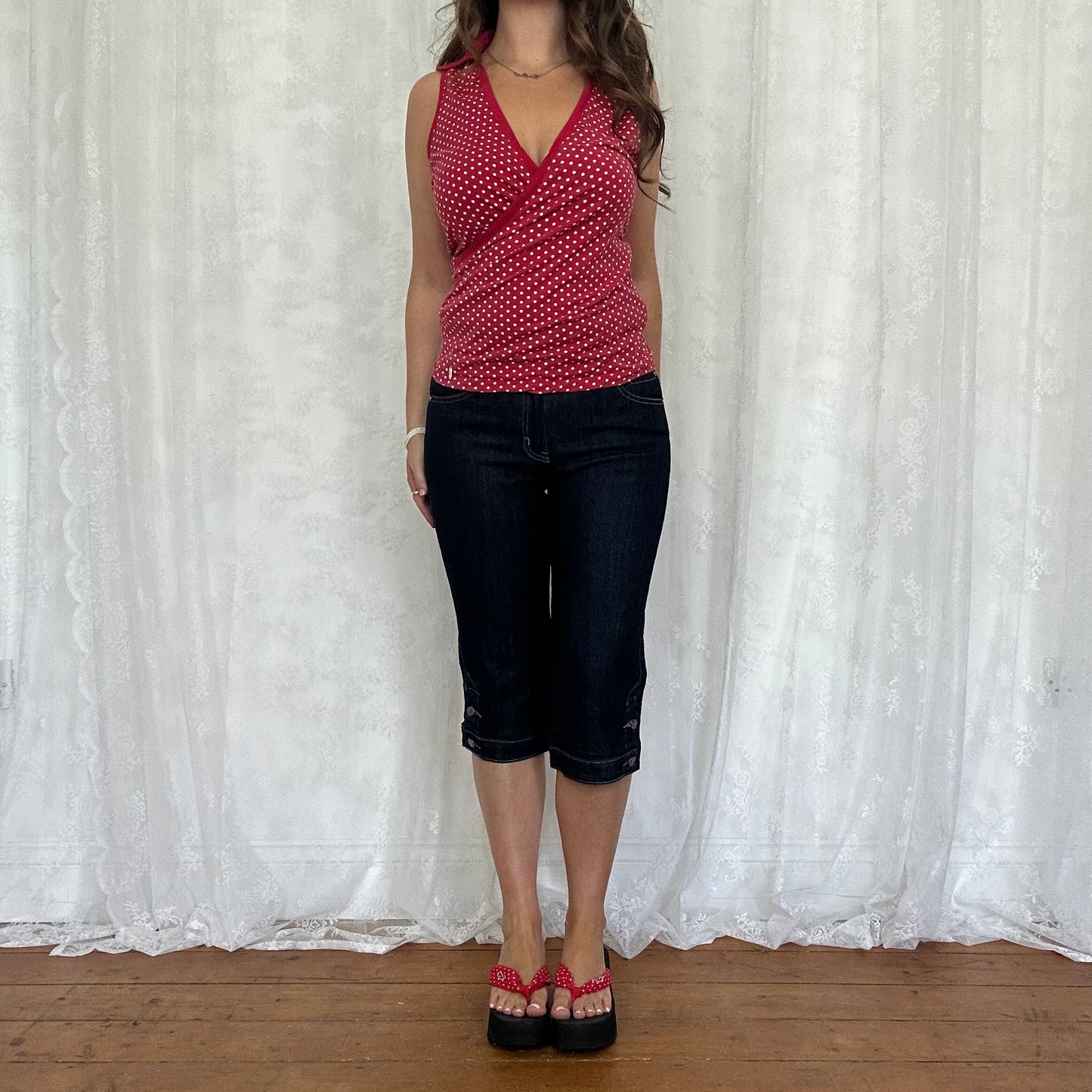 vintage 00s red polka dot collared top