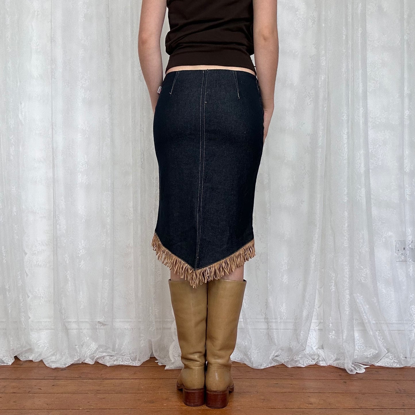 vintage 00s dark wash fringe midi skirt