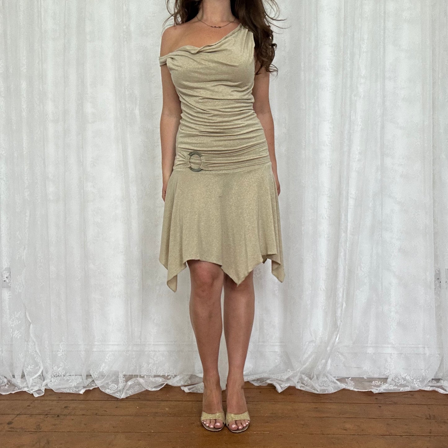 vintage 00s gold sparkly midi dress