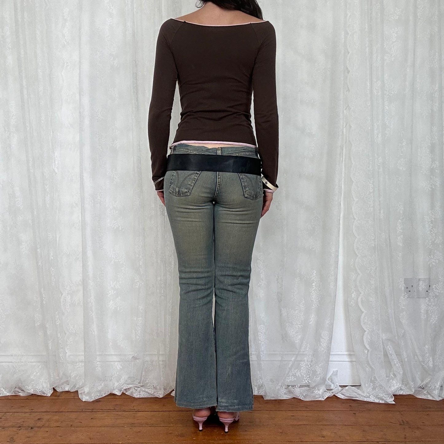 vintage 00s brown and pink off shoulder long sleeve top