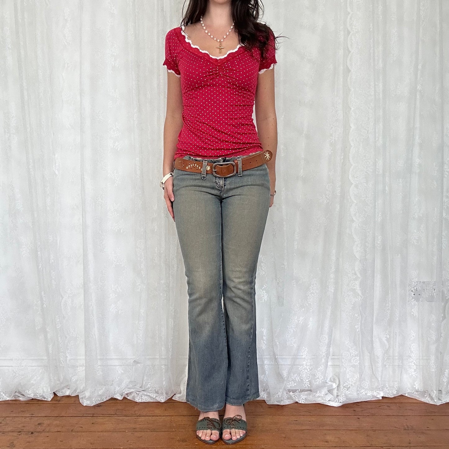 vintage 00s red polka dot lace trim top