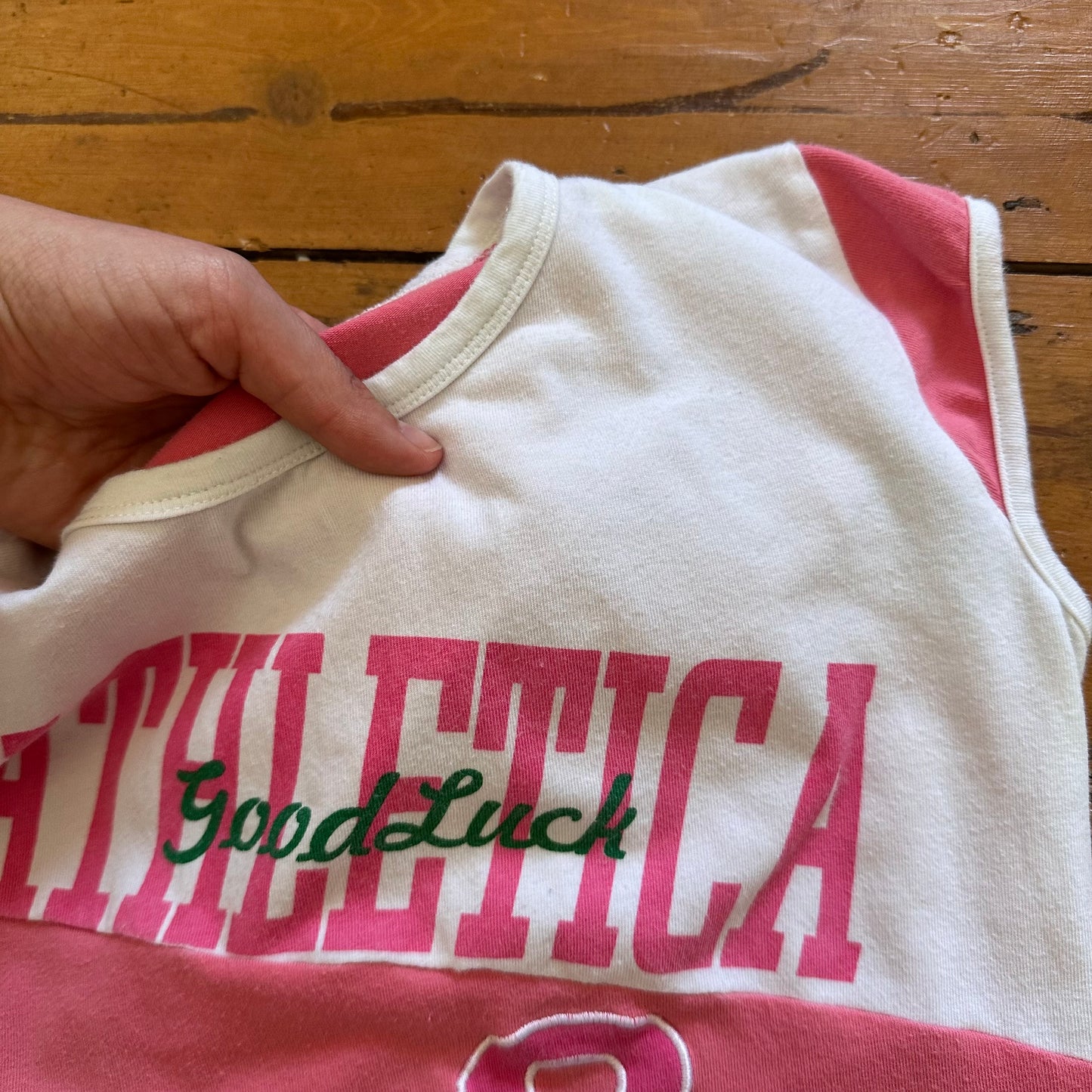 vintage 00s pink and white sporty graphic top