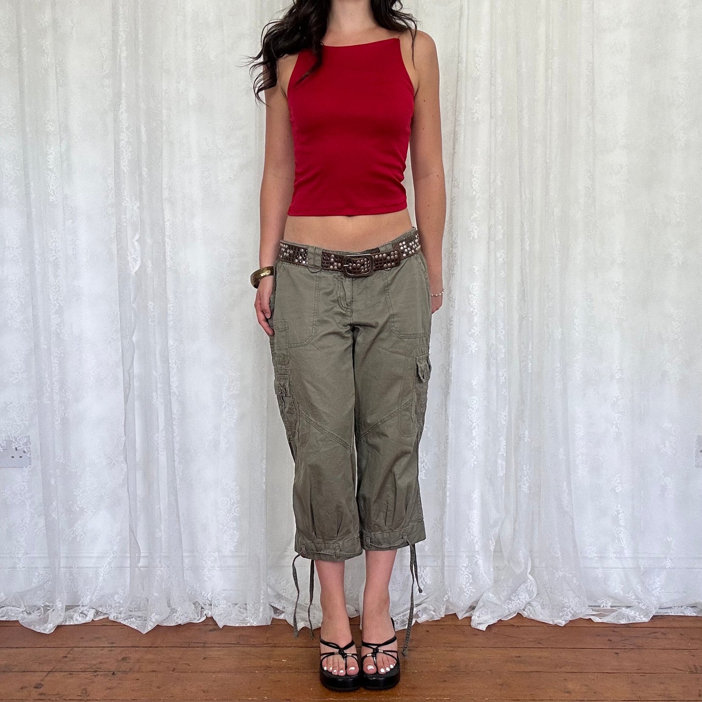 vintage 00s red high neck cami with clear straps