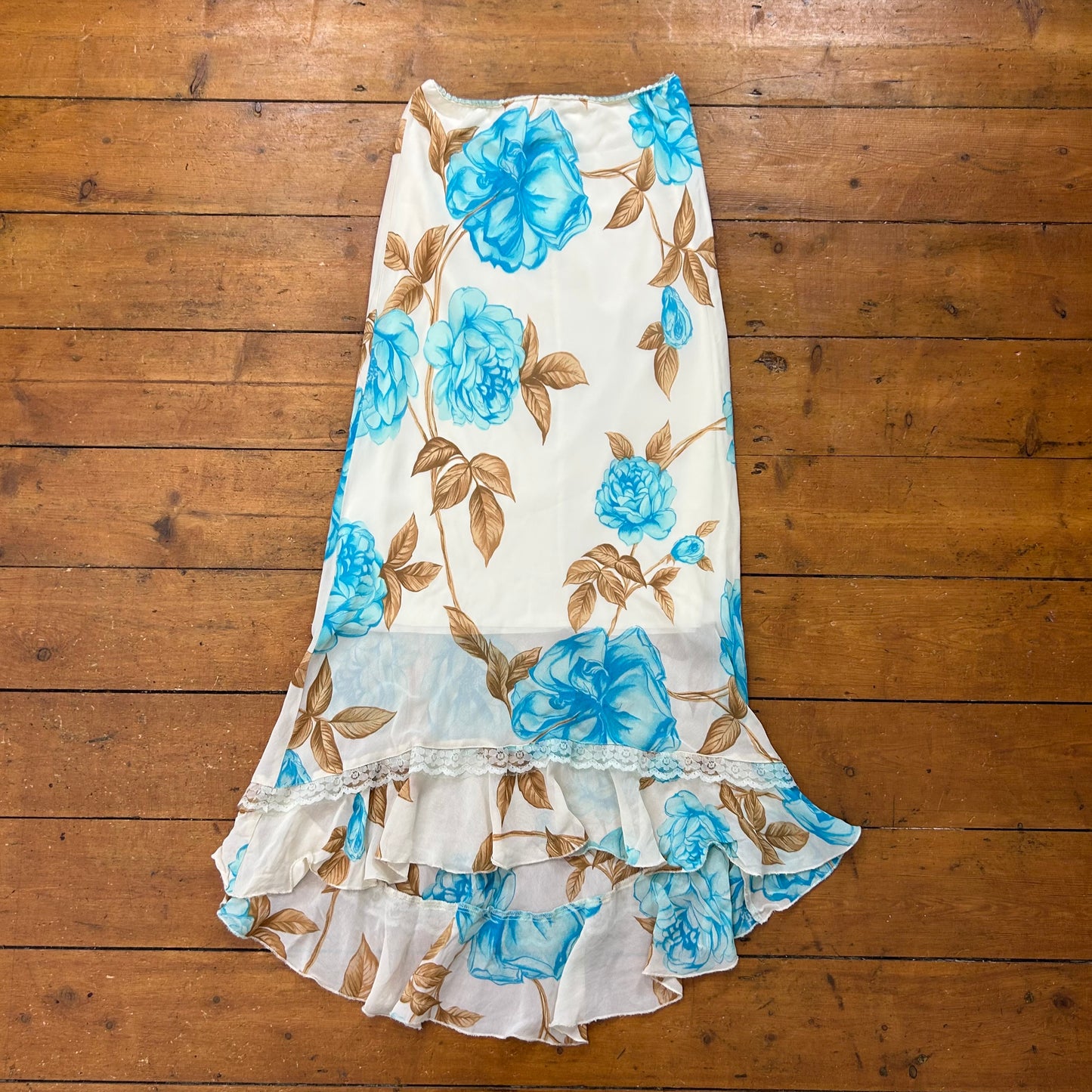 vintage 00s beige and blue floral mesh midi skirt