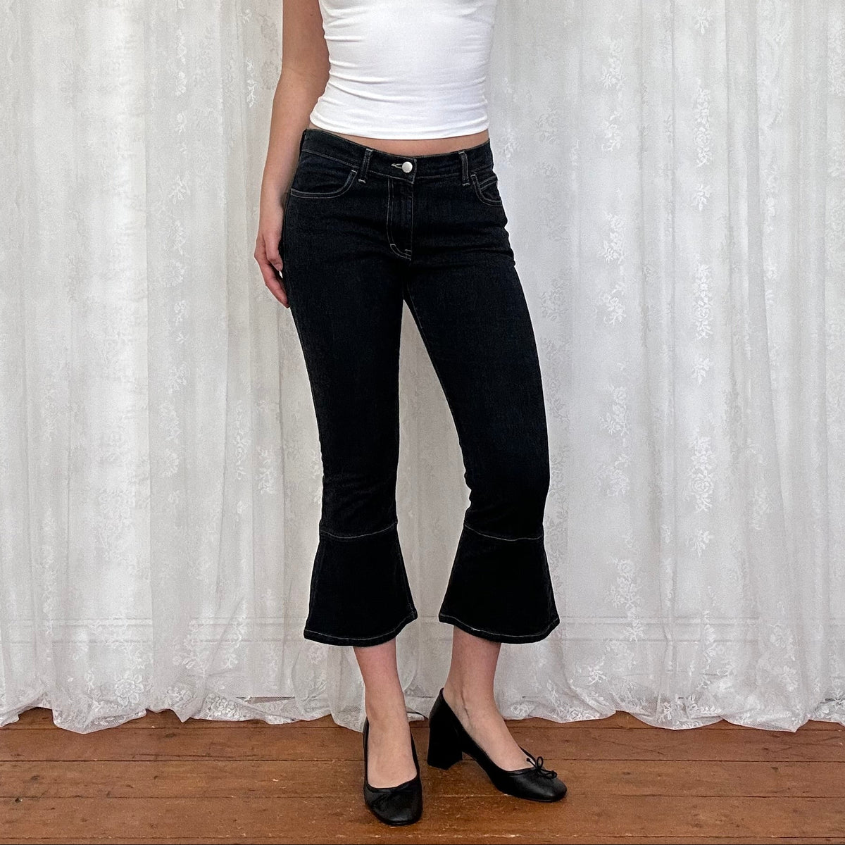 vintage 00s miss sixty dark wash kick flare denim capris