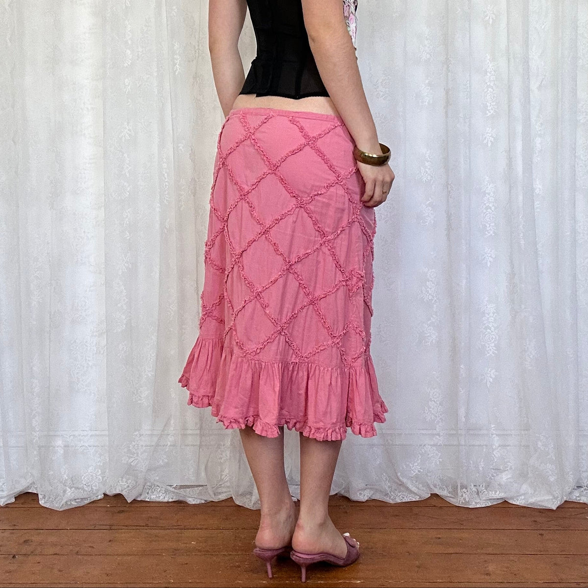 vintage 00s pink linen midi skirt