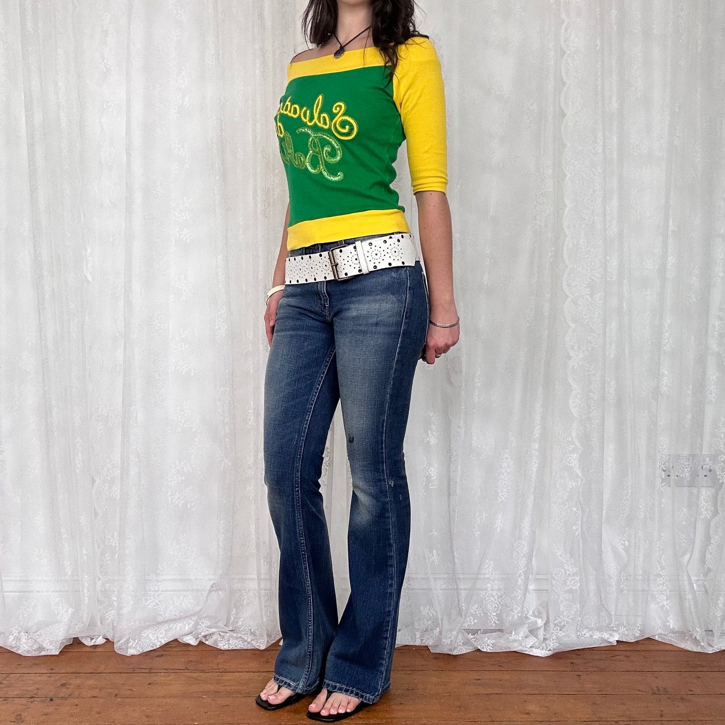 vintage 00s yellow and green sequin crop sleeve top