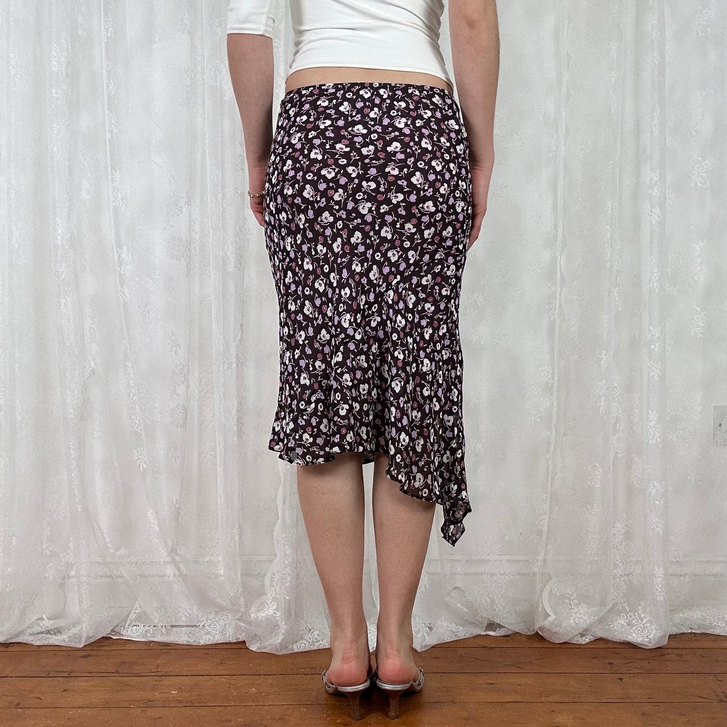vintage 00s purple floral asymmetrical midi skirt