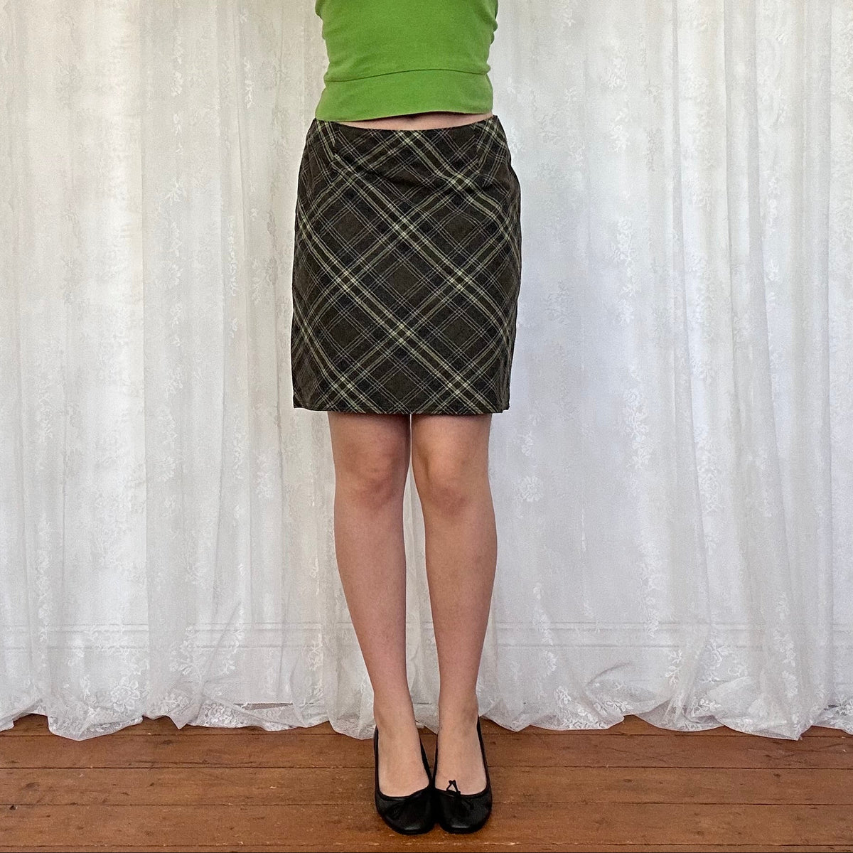 vintage 00s khaki checkered midi skirt