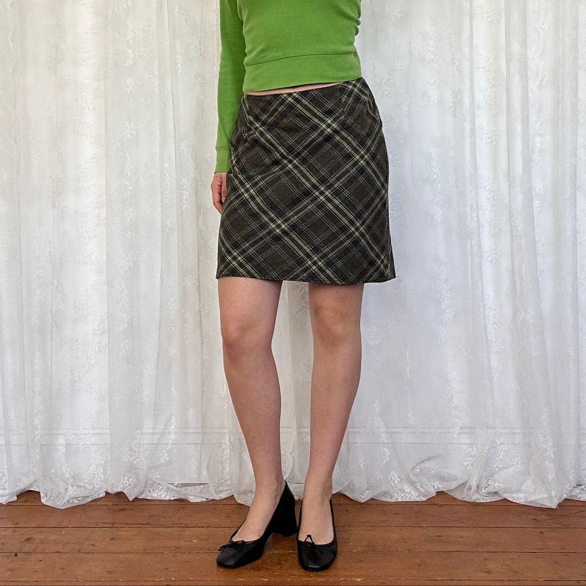 vintage 00s khaki checkered midi skirt