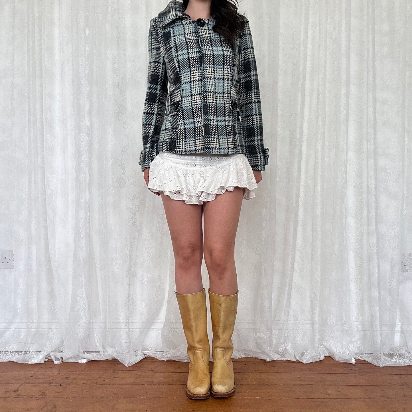vintage 00s blue checkered button up peacoat