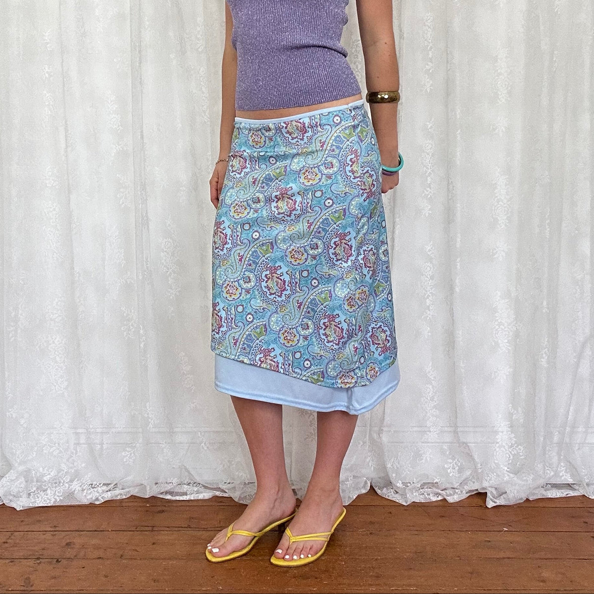 vintage 00s blue paisley asymmetrical midi skirt