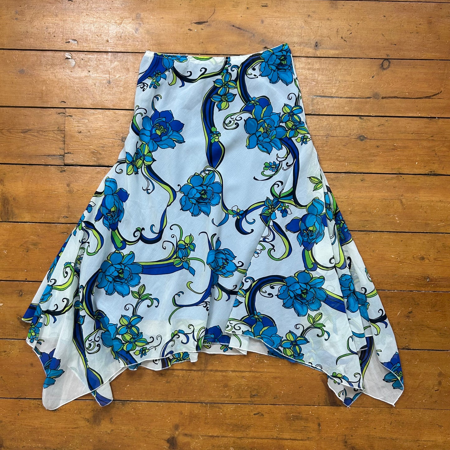 vintage 00s blue floral asymmetrical midi skirt