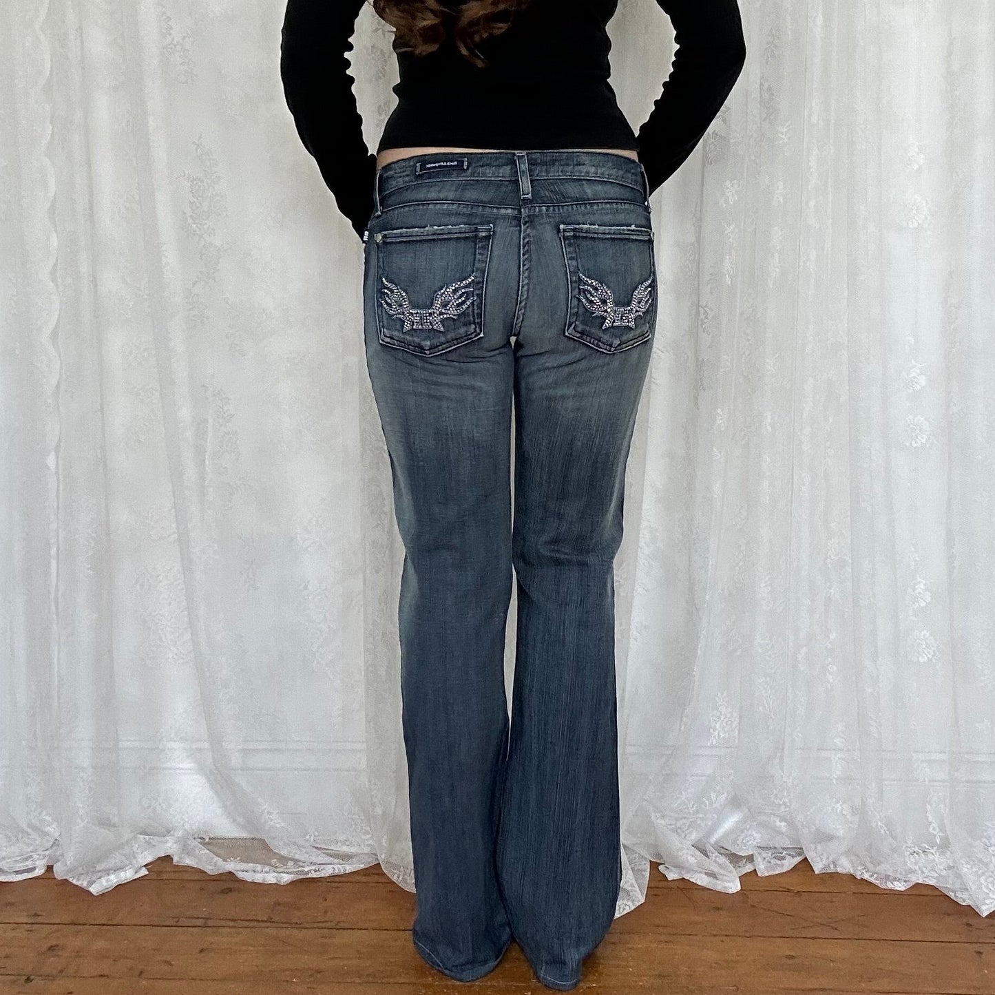 vintage 00s low rise mid wash diamanté detail denim jeans