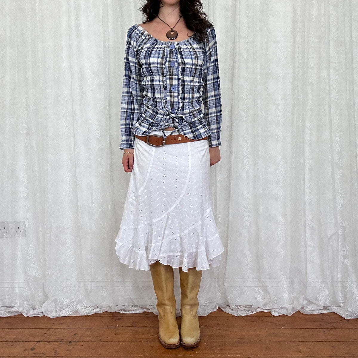 vintage 00s navy gingham milkmaid long sleeve top