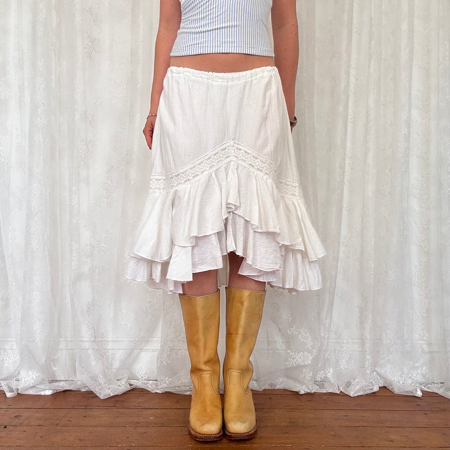 vintage 00s white ruffle hem asymmetrical midi skirt
