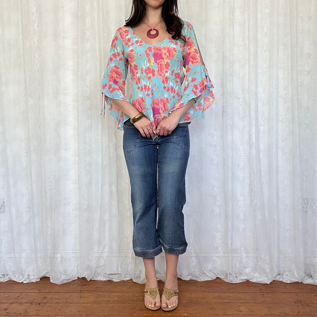 vintage 00s blue floral top with floaty sleeves