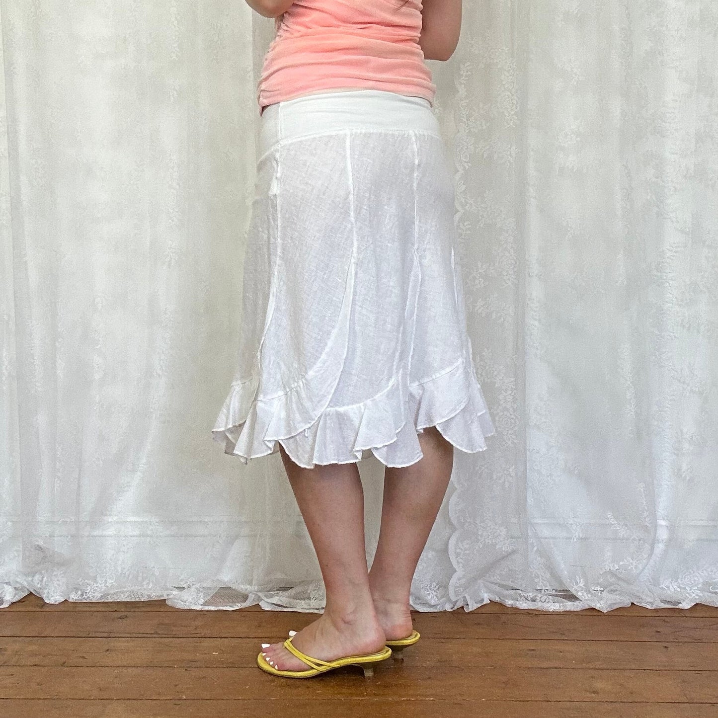 vintage 00s white linen ruffle hem midi skirt