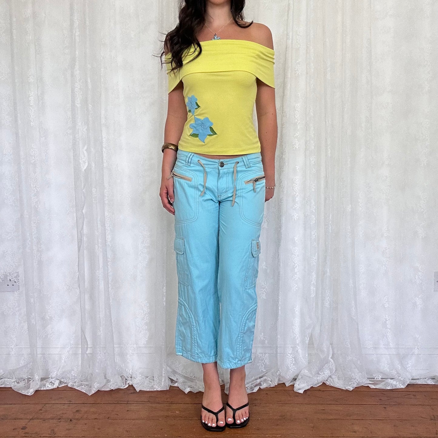 vintage 00s lime green floral off shoulder top