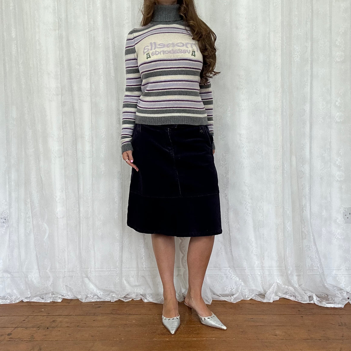 vintage 00s purple and grey striped roll neck jumper