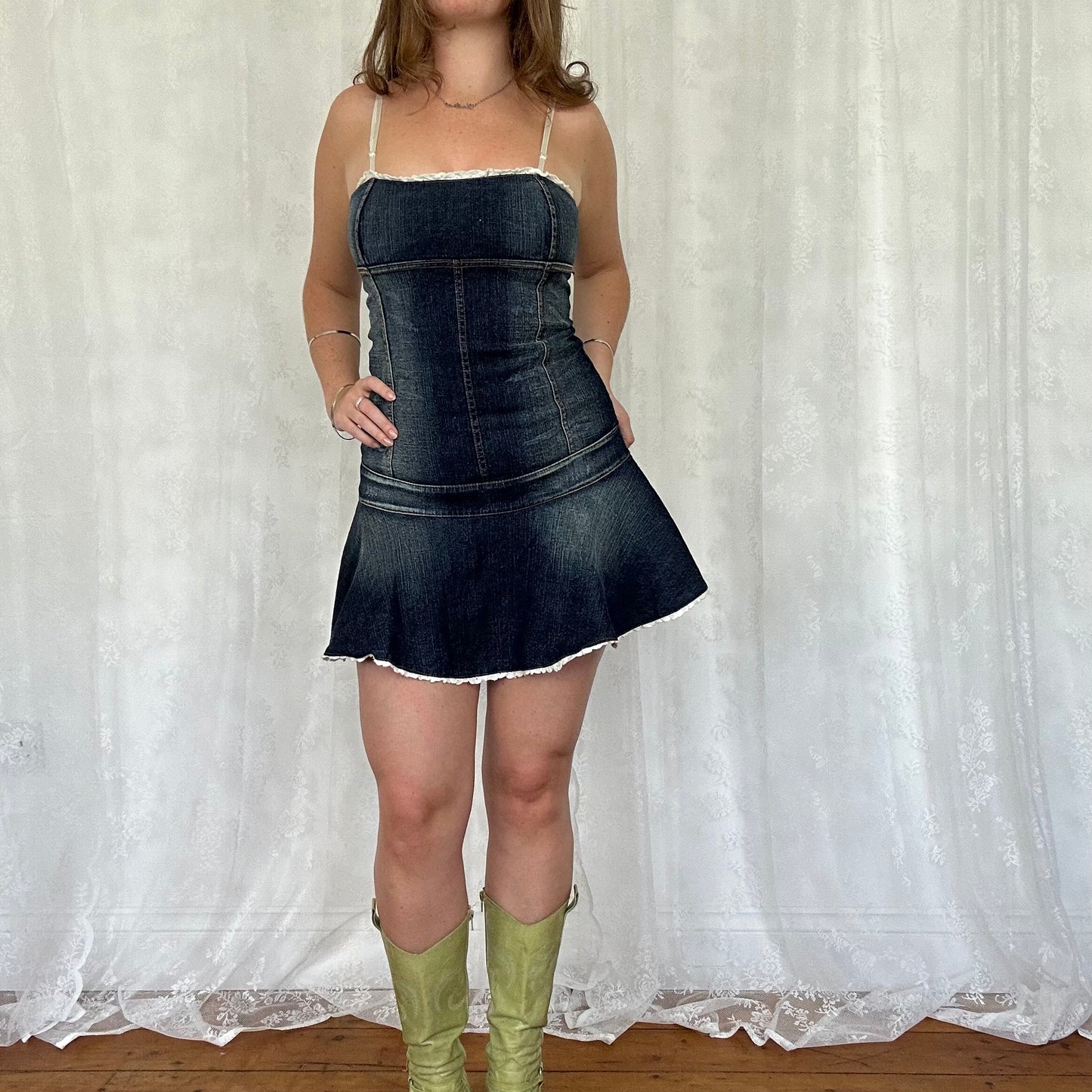 vintage 00s denim asymmetrical mini dress with lace trim